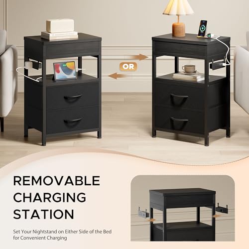 Black Nightstand with Lockable Hidden Compartment and 2 Drawers - Modern Bedside Table