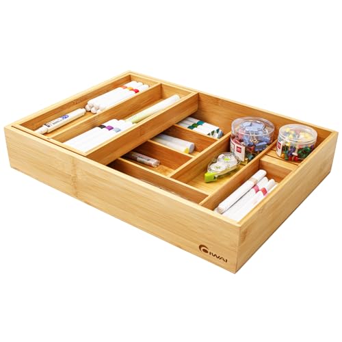 Two Tier Bamboo Kitchen Drawer Organizer - 16.85 x 12.2 in Silverware Tray with Removable Knife Block