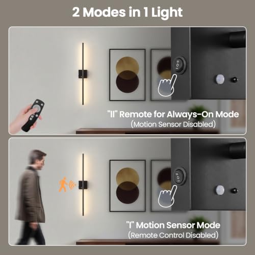 LightFuze Black Battery Operated Wireless Wall Sconce Set of 2 with Motion Sensor and Remote