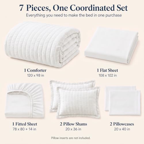 White Oversized King Comforter Set 120x98 in - CozyLux 7-Piece Seersucker Bedding
