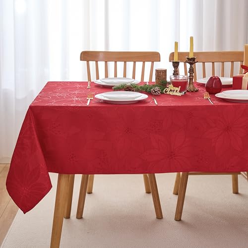 Anlass 70x52 Inch Christmas Poinsettia Jacquard Tablecloth Waterproof & Wrinkle-Resistant