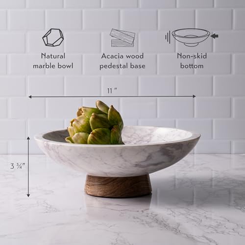 Marble Decorative Bowl with Acacia Wood Pedestal - 11 Inch Centerpiece