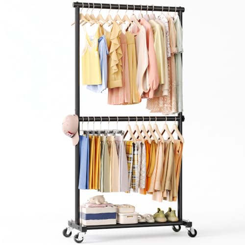 Black Double Rod Clothes Rack - 35-Inch Portable Garment Rack with Wheels