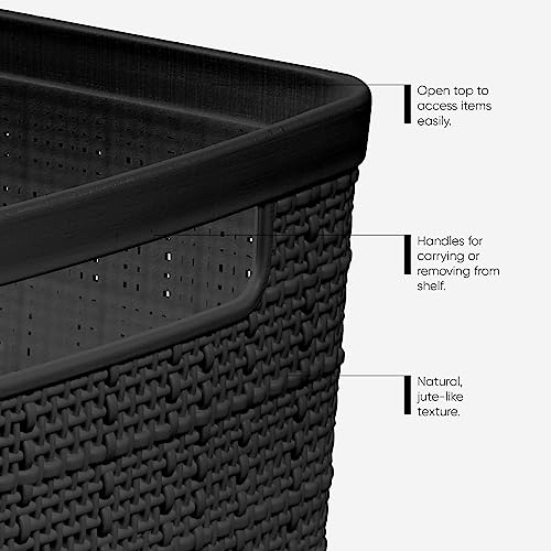 Large 18L Black Jute-Like Decorative Storage Baskets - Set of 4, Easy Access
