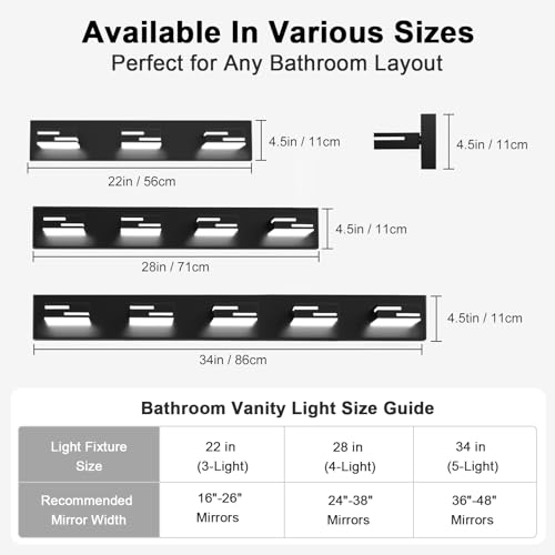 Black Dimmable 3-Light Bathroom Vanity Light 22-Inch with Rotatable Acrylic Heads