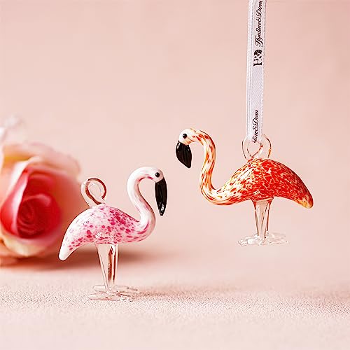 Set of 2 Flamingos Glass Hanging Ornaments Hand Blown Pink Flamingo,Art Glass Birds Animals Figurines Home Garden Flamingo Hanging Decorative(2.5inch,Pink & Red) for Gifts