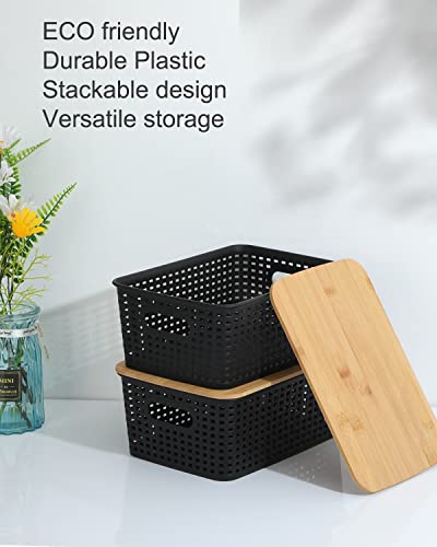 AREYZIN Black Storage Bins with Bamboo Lids Set of 6 - Stackable Closet & Kitchen Organizers