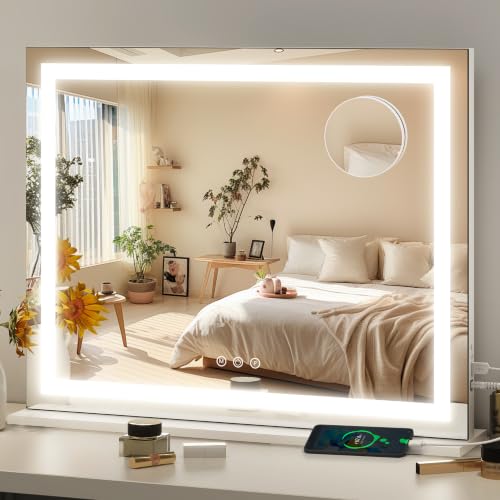 White 23x18 Inch Vanity Mirror with Lights - Adjustable Brightness & 3 Color Modes