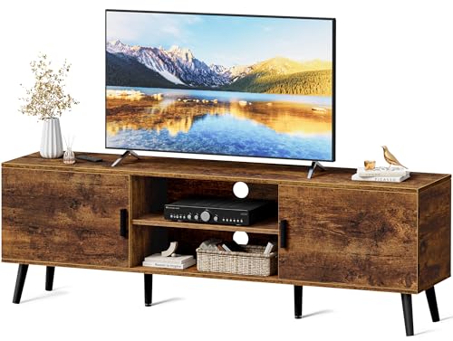 55 Inch TV Stand with Rustic Brown Finish - Adjustable Shelf & Storage Cabinets - 53.9" Length