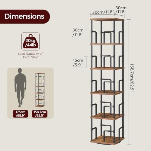 MAHANCRIS 5-Tier Rotating Corner Bookshelf - Rustic Brown & Black, Spinning Storage Rack