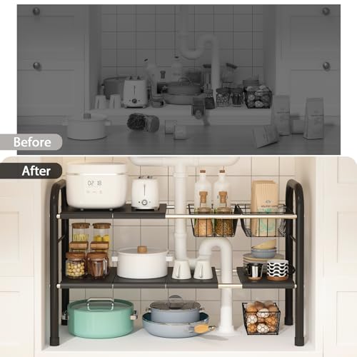 Expandable Under Sink Organizer 2-Tier Shelf for Kitchen & Bathroom Storage