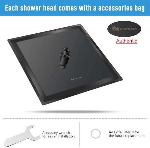 NearMoon 12 Inch Square Rain Shower Head - Matte Black, High Flow Stainless Steel Ceiling/Wall Mount