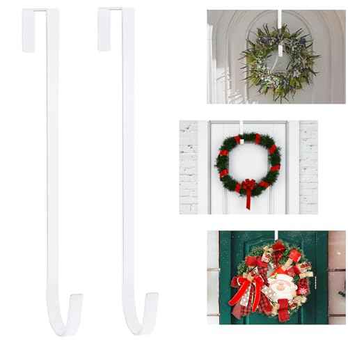 PECULA 2 Pack 14¡± Wreath Hangers for Front Door, Wreath Door Hanger 40lb Load-Bearing, Metal Wreath Hanger for Welcome Sign, Door Wreath Hanger for Halloween, Easter, Christmas Decorations (White)