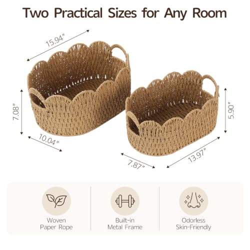 Neutral Endymion Set of 2 Paper Rope Wicker Storage Baskets - Scalloped Design