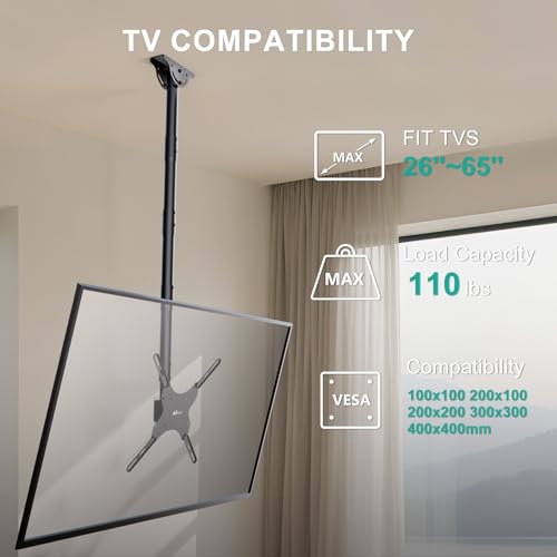 WALI Long Arm Ceiling TV Mount for 26-65 Inch LCD LED 4K TVs, Up to 110 lbs - Black, 400x400mm, 5 Feet