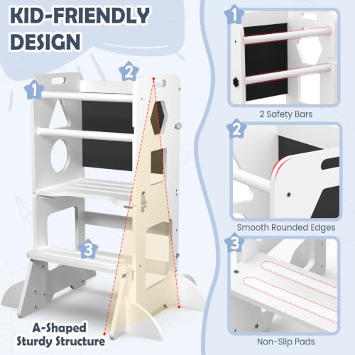 White Toddler Standing Tower with Blackboard & Safety Bar - Wooden Kitchen Helper