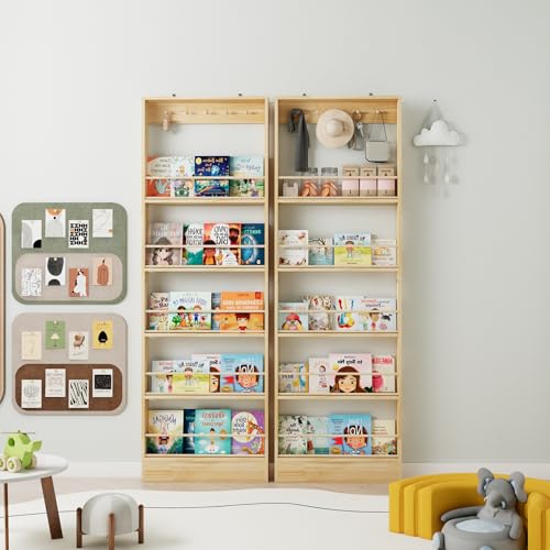 Wall Mounted Bookshelf with Hooks - 5 Tier Floating Wooden Storage for Nursery & Home