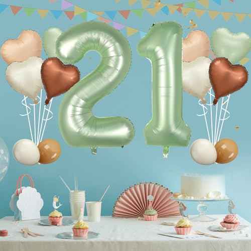 Biapian 40 Inch Sage Green Number 21 Balloons, Large Foil Number 2 & 1 Balloons with 18'' Olive Green Heart Balloon for 21st Year Old Birthday Decorations Men Women Anniversary Jungle Party Supplies
