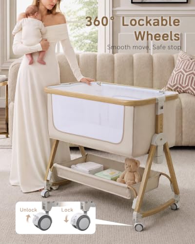 Baby Bassinet - Adjustable Bedside Sleeper with Mesh & Storage, Beige
