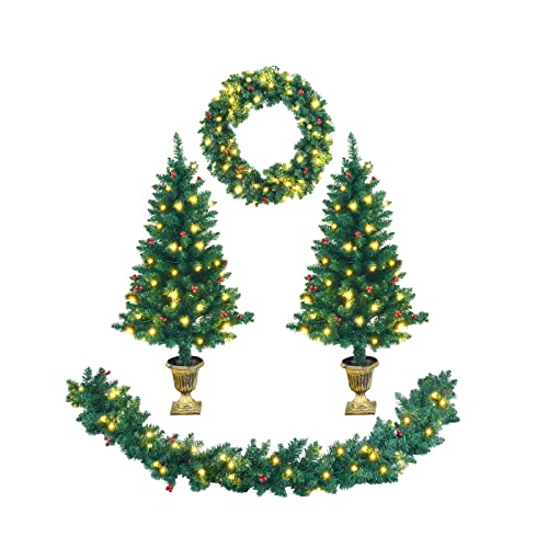 Happygrill 4-Piece Pre-Lit Christmas Set with Wreath, Garland & 2 Entrance Trees – 200 LED Warm White, Waterproof Timer