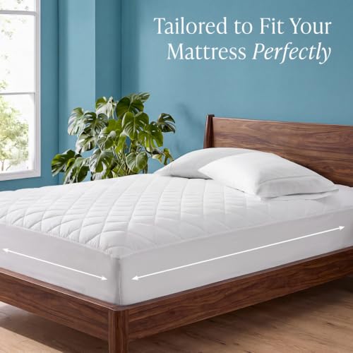 Bare Home Queen Quilted Mattress Pad - White, Deep Pocket Fitted, 15" Depth