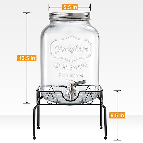 2 Gallon Glass Beverage Dispenser with Stand & Lid - Mason Jar Style, Stainless Steel Spigot
