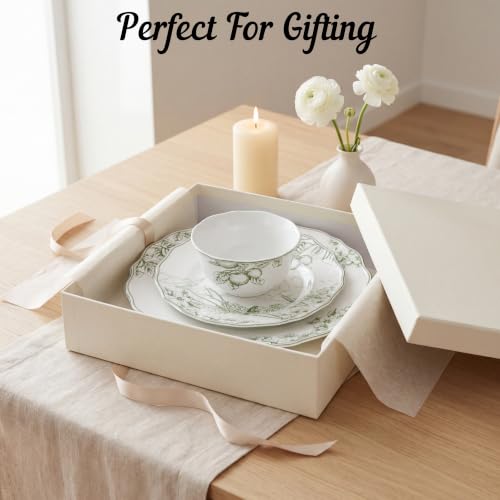 12-Piece Porcelain Dinnerware Set for 4 with Floral Design - White & Green, Chip-Resistant, Microwave & Dishwasher Safe