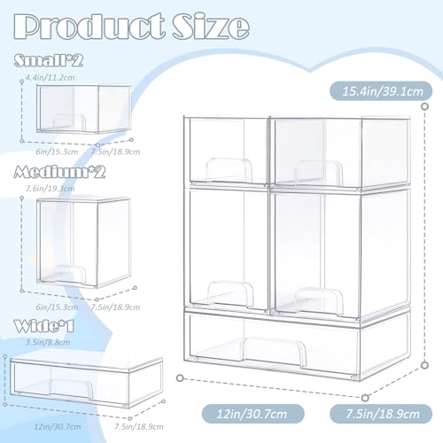Baby Bottle Organizer with Hooks - 5 Pack Stackable Drawer Storage Set - High, Small & Wide Bins