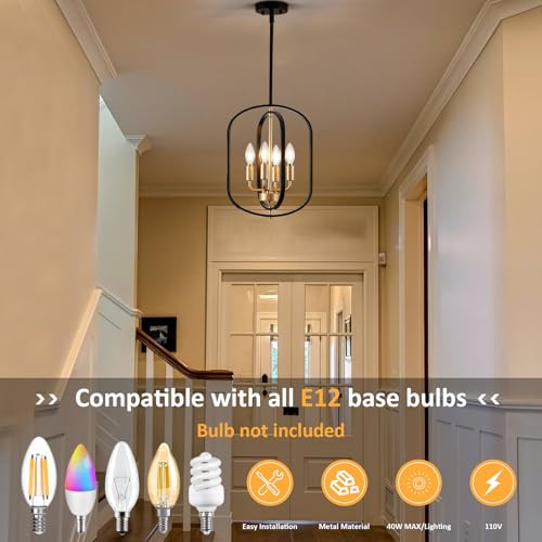 4-Light Black and Gold Farmhouse Chandelier for Dining Room Entryway Pendant Light Fixture