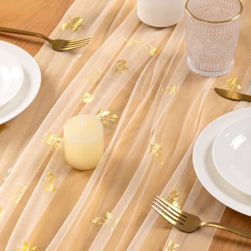 Jimtx Beige Maple Gold Glitter Cheesecloth Table Runner 10FT for Weddings & Events