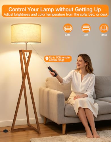 OUTON 62-Inch Wooden Tripod Floor Lamp with Remote, Dimmable Mid-Century Modern Amber Walnut