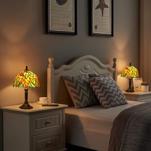 Maple Leaves Tiffany Table Lamp 3-Way Color Temperature Nightstand Light - 9x9x15 Inch