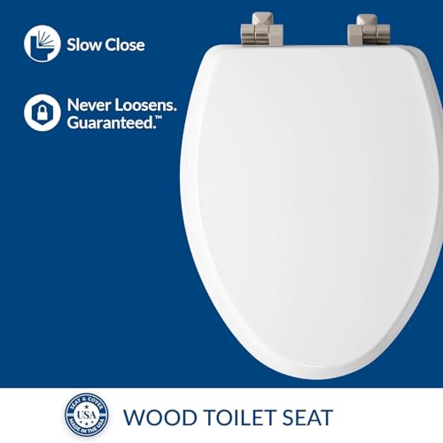 Mayfair Bennett Elongated Toilet Seat with Brushed Nickel Hinges, Slow Close, Easy Install, White