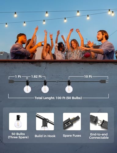 XMCOSY+ 100Ft Smart Outdoor String Lights with 50 G40 LED Bulbs, WiFi & App Control, Dimmable, Waterproof, Extendable