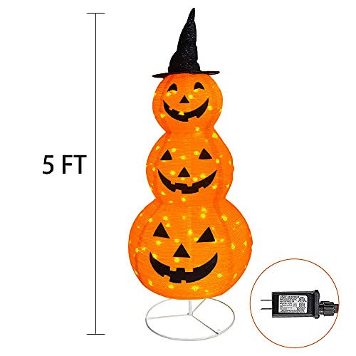 5FT Collapsible Light-Up Pumpkin Decoration with Hat - Indoor Outdoor Halloween Decor