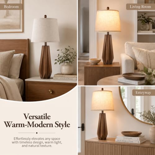 Brown 28-Inch Set of 2 Modern Wooden Base Table Lamps for Living Room & Bedroom - Geometric Design