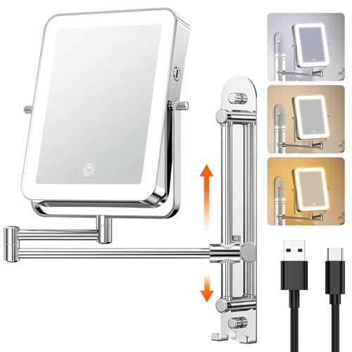 Height Adjustable Wall Mounted Makeup Mirror with LED Lights & Hooks