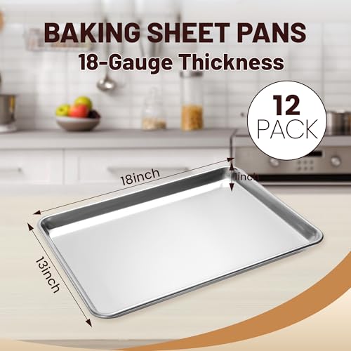 12 Pack Half Size Aluminum Baking Sheet Pan - 18x13 Inches, Commercial Grade, Oven Safe