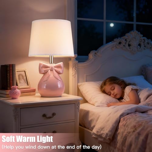 Pink 2 Pack 19-Inch Cute Bow Table Lamps Set for Girl's Room & Bedroom - Modern Ceramic Design
