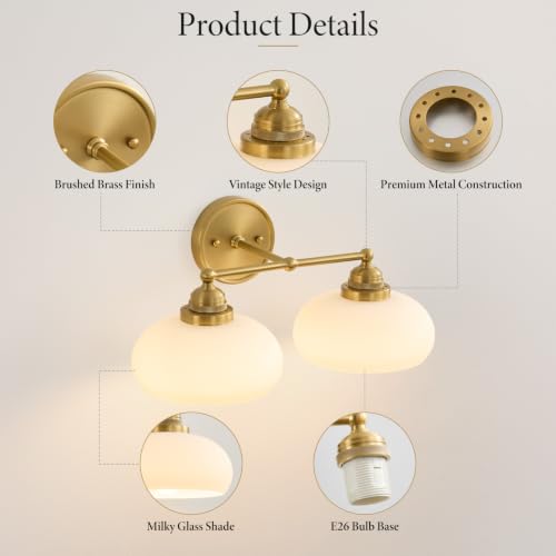 Vintage Milk Glass Wall Sconce - 2 Lights Antique Brass Bathroom Vanity Light - Antique Brass Variation