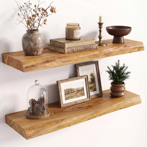 Natural Elm Wood Floating Shelves - Live Edge Wall Mount 24" 2 Pack