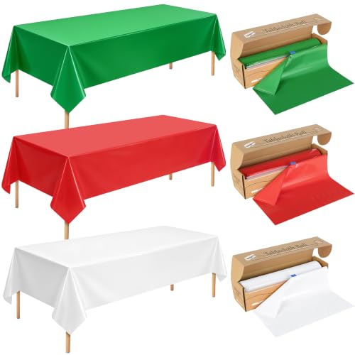 Christmas Plastic Tablecloth Roll 100FT x 54IN - White Red Green with Cutter Box
