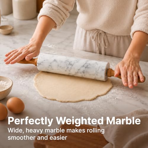 Quartz White Marble Rolling Pin with Stand - 17 Inch Baking Dough Roller