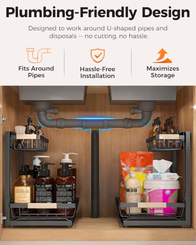 Sevenblue Black 2-Pack 2-Tier Adjustable Under Sink Organizer & Storage XL