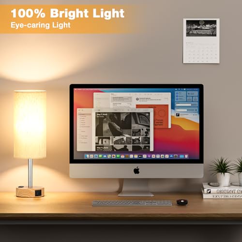 Wood Base Cream Shade Touch Bedside Table Lamps Set of 2 with USB Ports and Outlet - 14 Inch