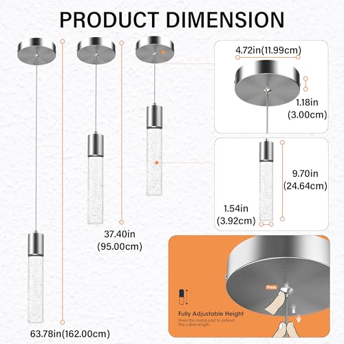 Esfos Nickel Cylindrical 3-Pack Pendant Lights for Kitchen Island, Modern Crystal Bubble Design, Adjustable LED Ceiling Fixture