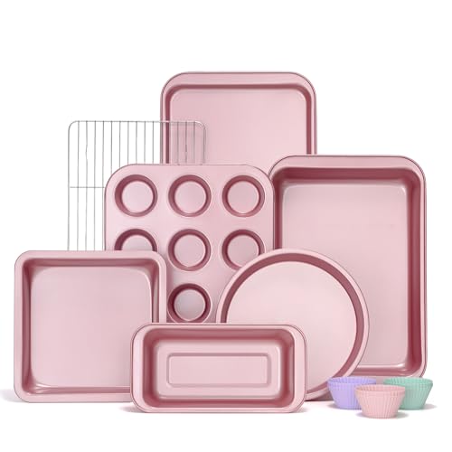 Pink 19-Piece Bakeware Set - Nonstick Cake Pans, Loaf, Muffin, Cookie Sheet & Cooling Rack