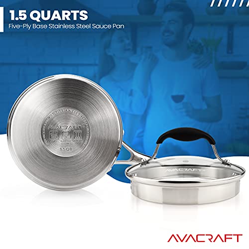 AVACRAFT 1.5 Quart Tri-Ply Stainless Steel Saucepan with Glass Lid - Capsule Bottom, Medium-Heat Cooking