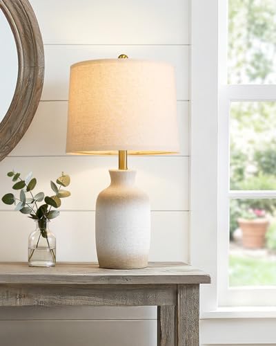 PoKat 24-Inch Farmhouse Ceramic Table Lamp with White & Antique Finish