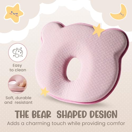 Pink Baby Pillow with Memory Foam & Bear Design - Breathable & Supportive for Infants (Pink)